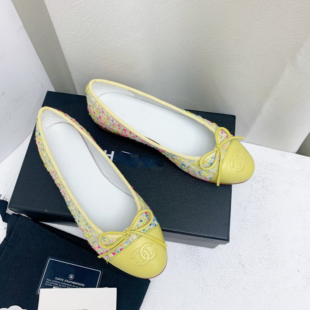 CHANEL ballet flat yellow red blue tweed grosgrain