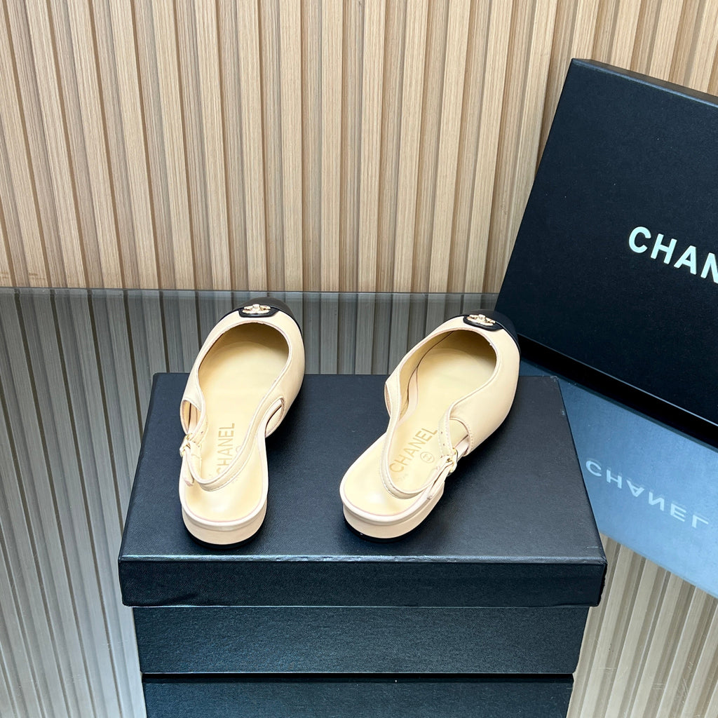 CHANEL 25S SLINGBACK FLATS IN BEIGE CALFSKIN GOLD HARDWRE