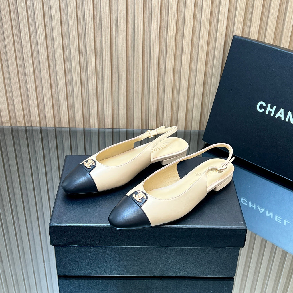 CHANEL 25S SLINGBACK FLATS IN BEIGE CALFSKIN GOLD HARDWRE
