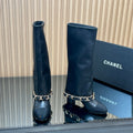 CHANEL 25S KNEE-HIGH HEELED BOOTS 65MM IN BLACK CALFSKIN GOLD HARDWRE