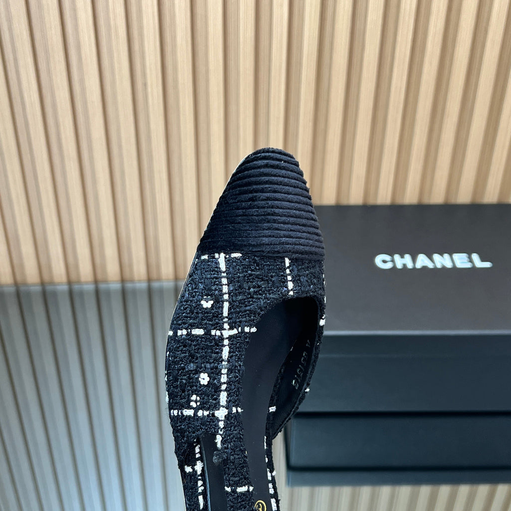 CHANEL 25S SLINGBACK FLATS SHOES IN BLACK TWEED