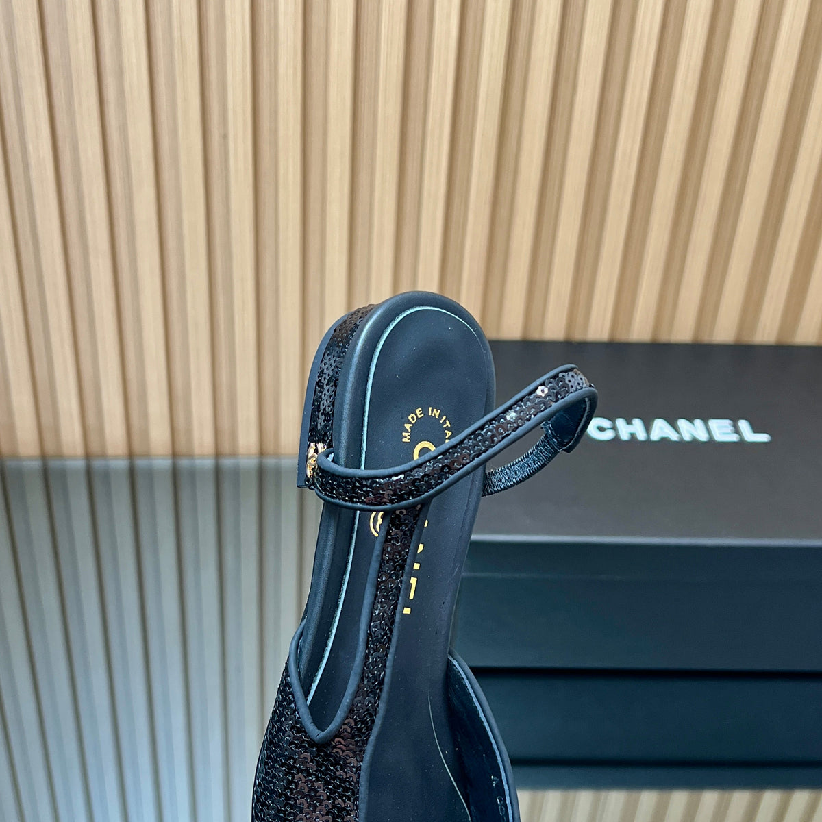 CHANEL 25S SLINGBACK SHOES IN BLACK EMBELLISHED WITH SPARKLES CANVAS