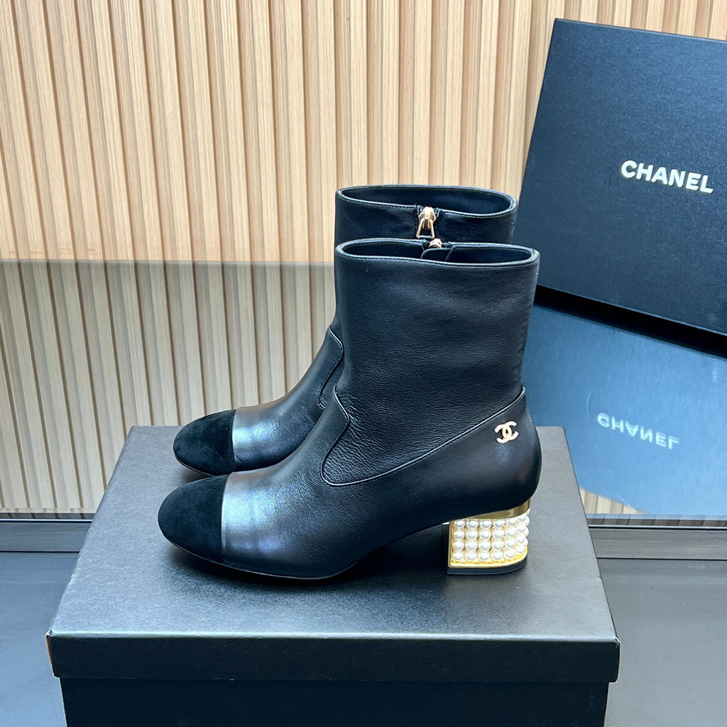 CHANEL 25S TALL BOOTS WITH PEARL DETAILS 50MM IN BLACK SUEDE AND CALFSKIN
