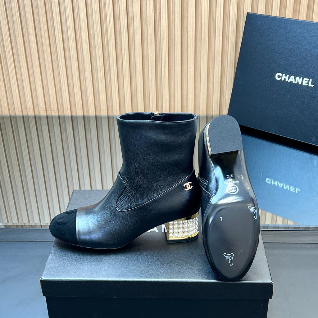 CHANEL 25S TALL BOOTS WITH PEARL DETAILS 50MM IN BLACK SUEDE AND CALFSKIN