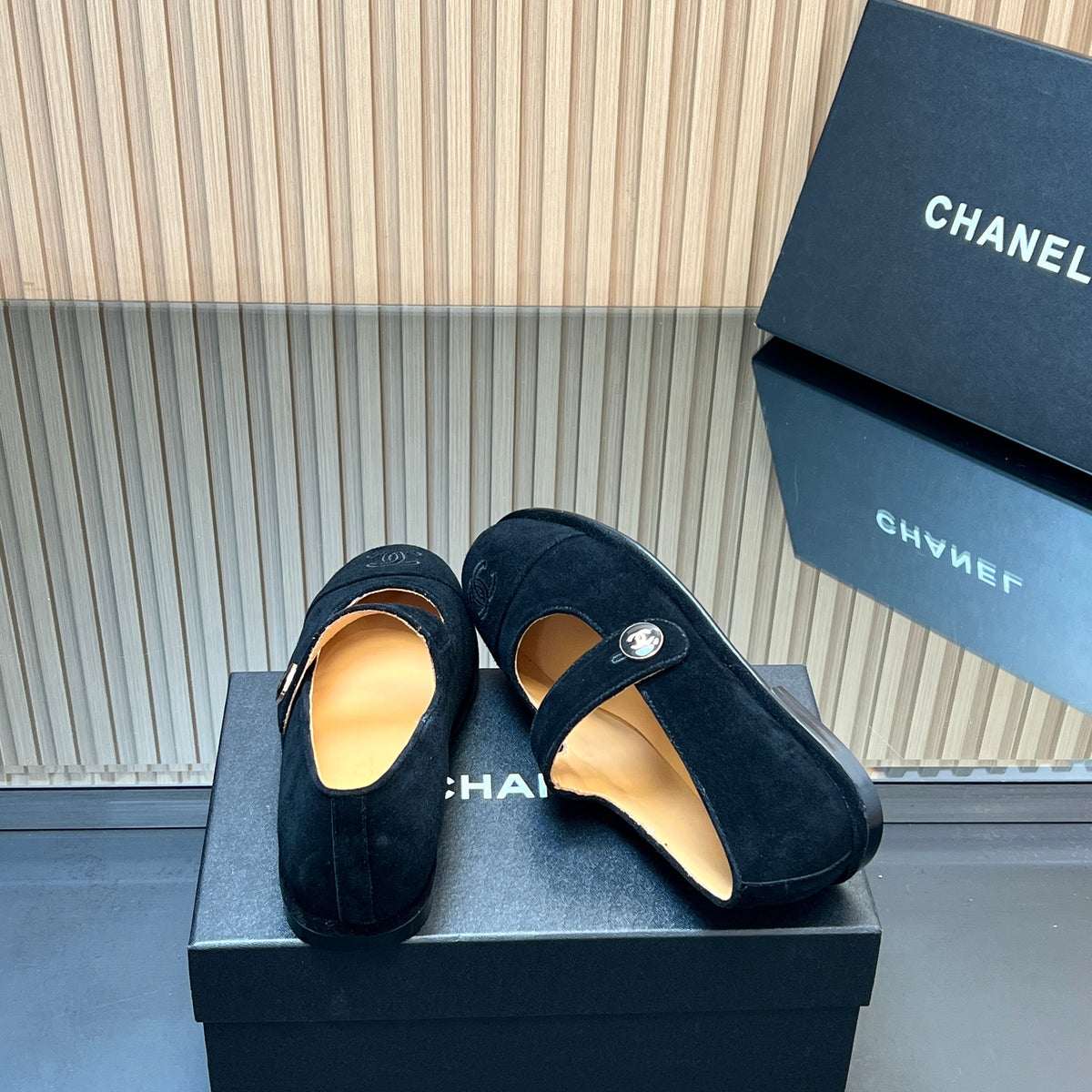 CHANEL 25S DOUBLE-STRAP MARY JANE SHOES IN BLACK SUEDE