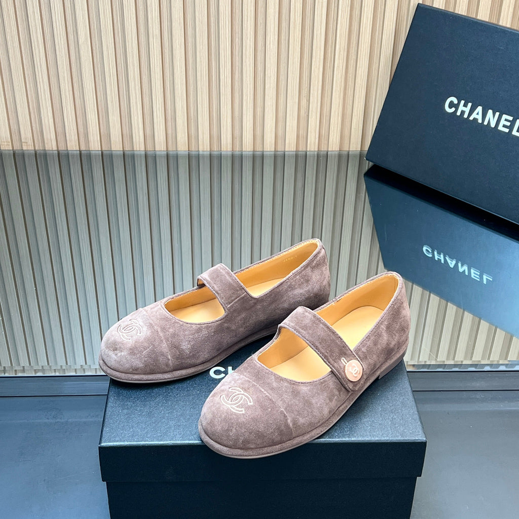CHANEL 25S DOUBLE-STRAP MARY JANE SHOES IN TAUPE GRAY SUEDE