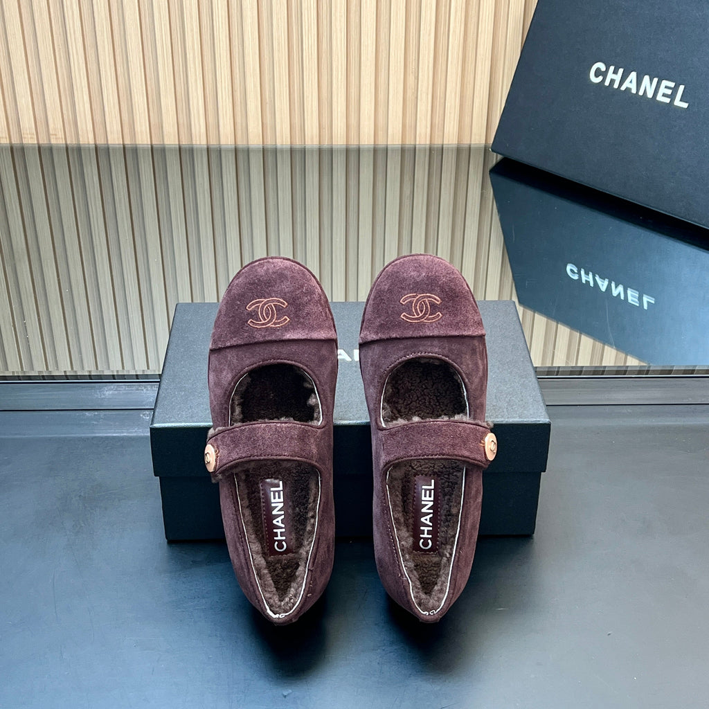 CHANEL 25S FURRY MARY JANE SHOES IN DARK PURPLE SUEDE