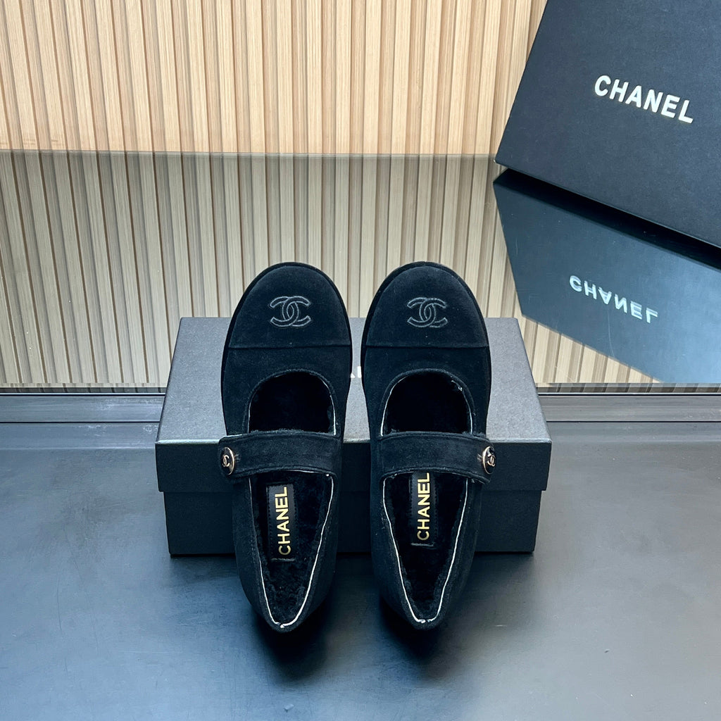 CHANEL 25S FURRY MARY JANE SHOES IN BLACK SUEDE