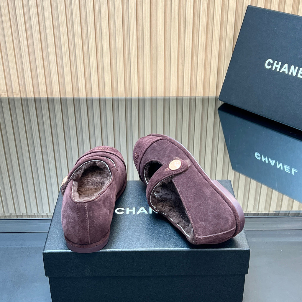 CHANEL 25S FURRY MARY JANE SHOES IN DARK PURPLE SUEDE
