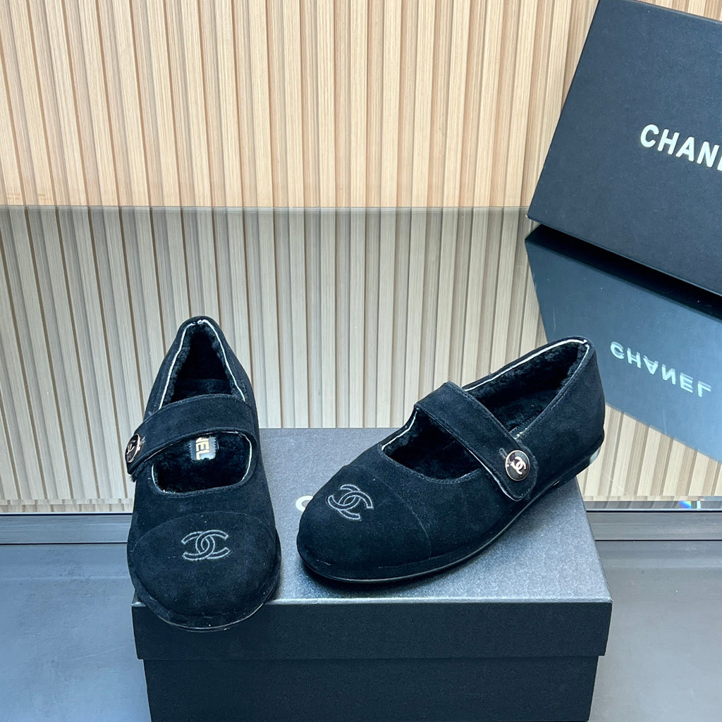 CHANEL 25S FURRY MARY JANE SHOES IN BLACK SUEDE