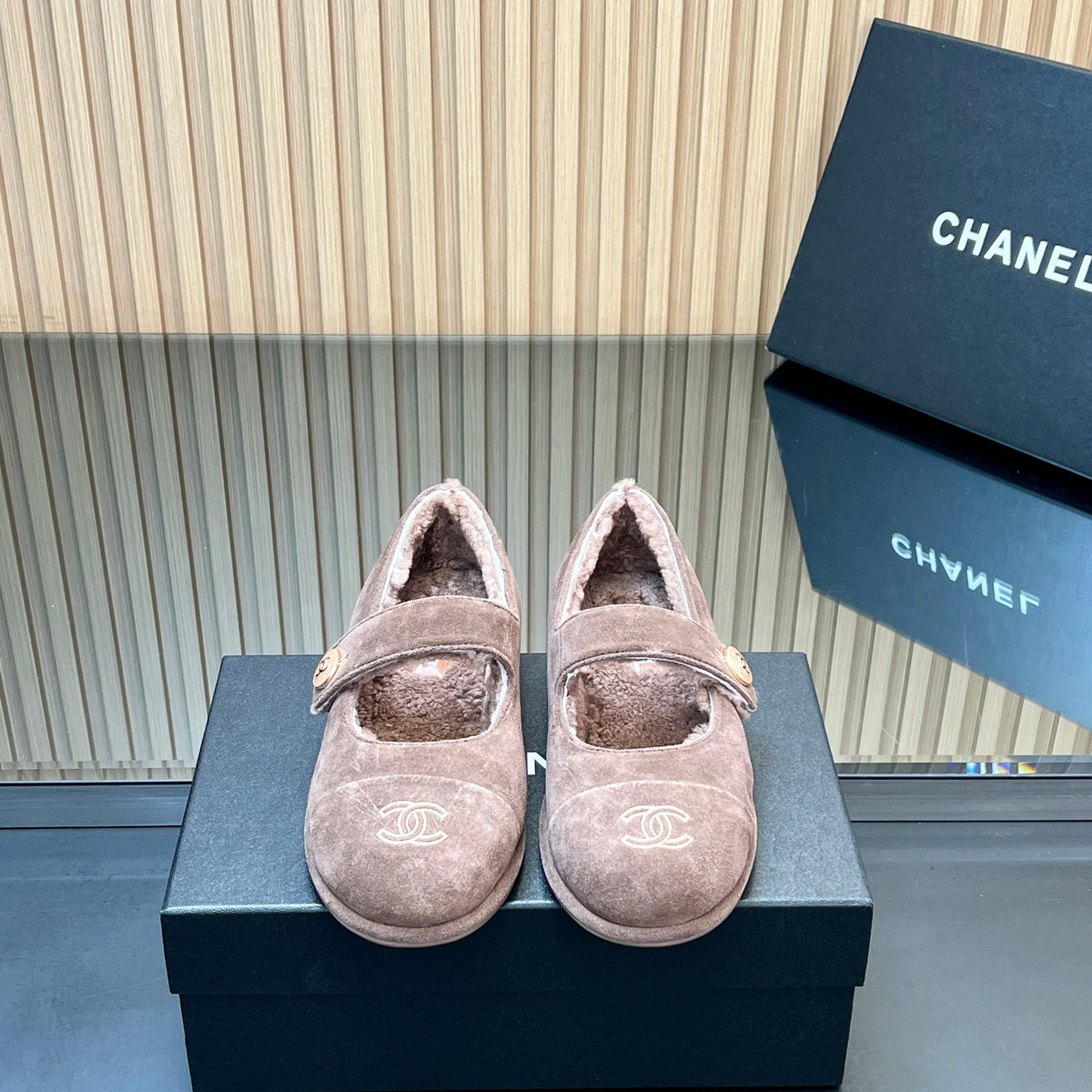 CHANEL 25S FURRY MARY JANE SHOES IN TAUPE GRAY SUEDE
