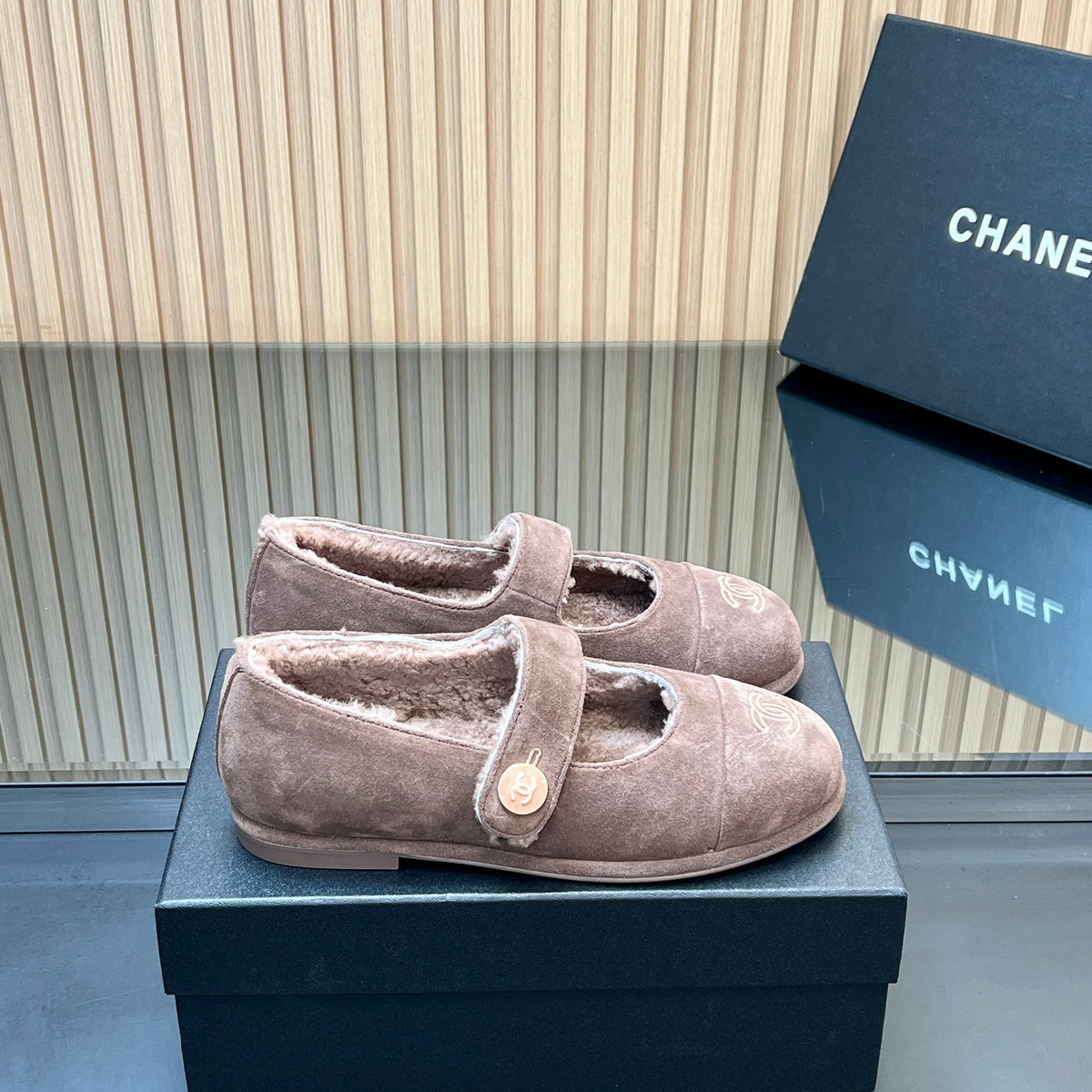 CHANEL 25S FURRY MARY JANE SHOES IN TAUPE GRAY SUEDE