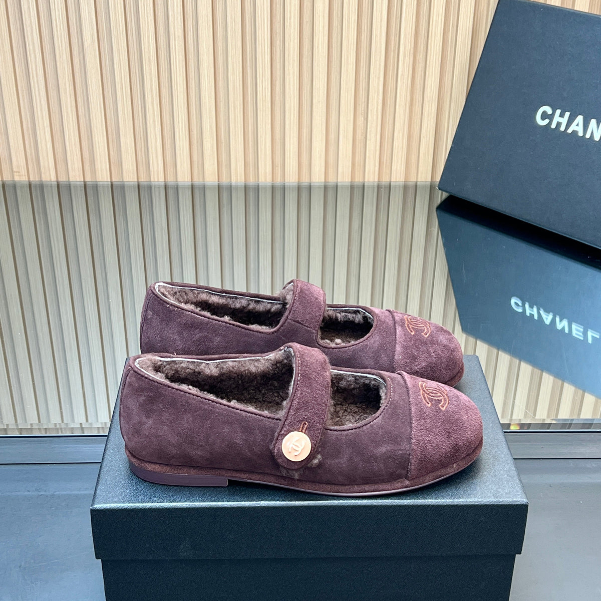 CHANEL 25S FURRY MARY JANE SHOES IN DARK PURPLE SUEDE