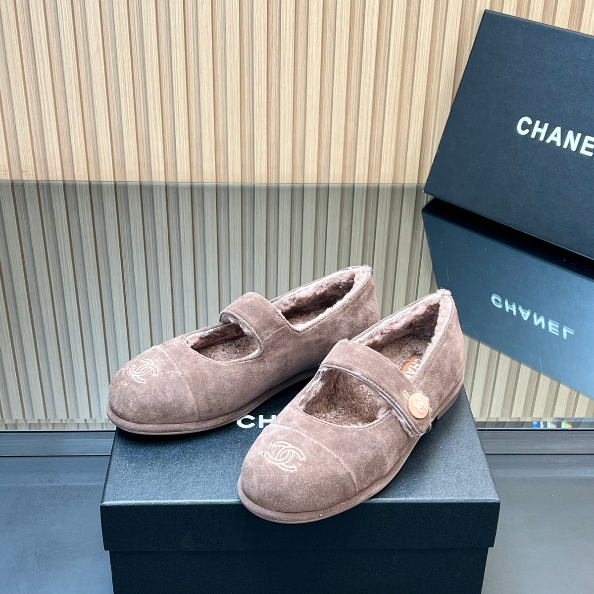 CHANEL 25S FURRY MARY JANE SHOES IN TAUPE GRAY SUEDE