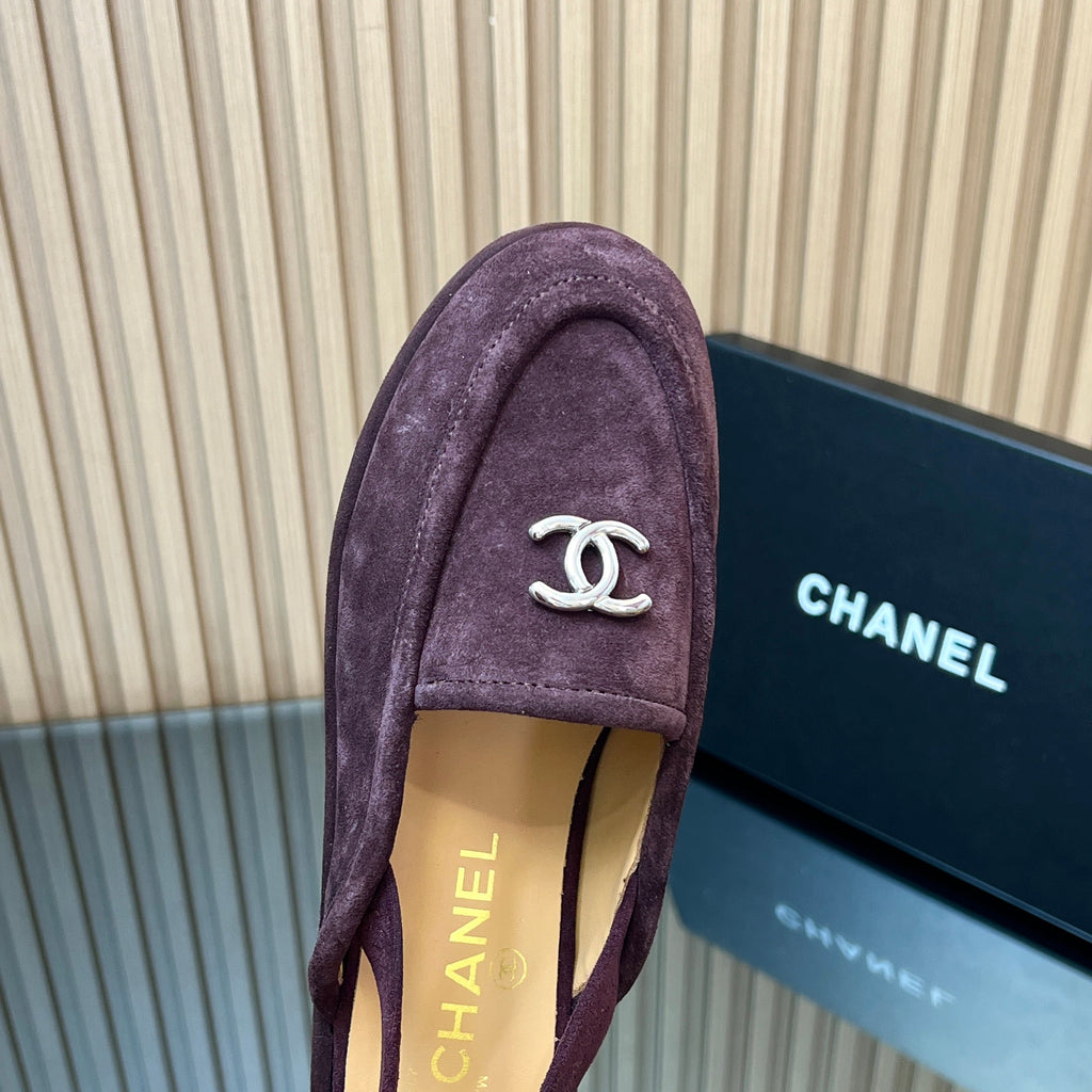 CHANEL 25S BACK STRAP MULE 15MM IN DARK PURPLE SUEDE SILVER HARDWRE