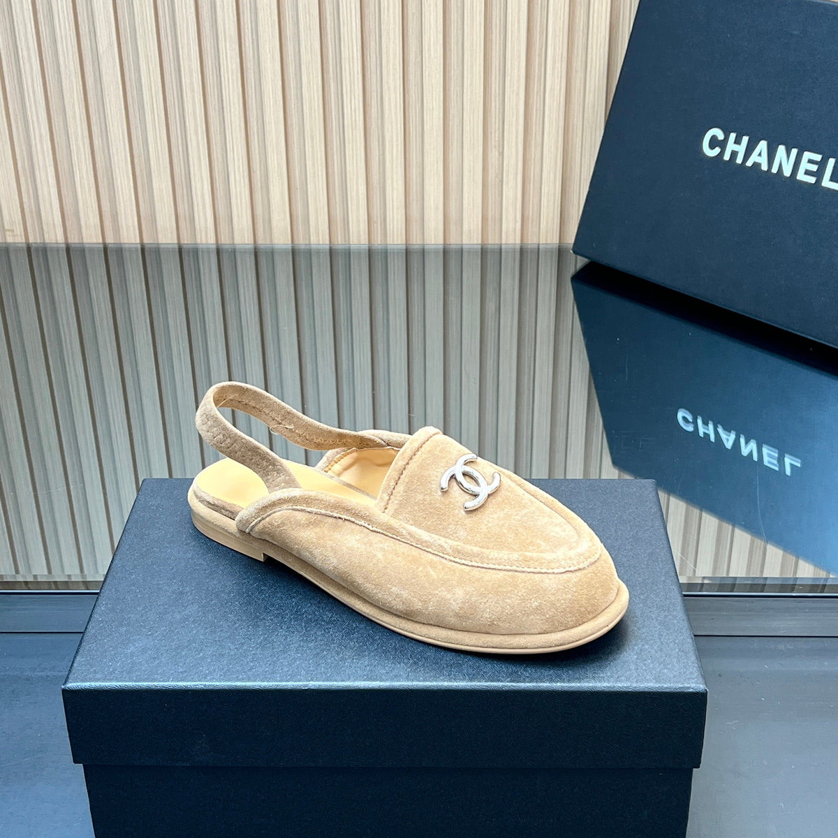 CHANEL 25S BACK STRAP MULE 15MM IN LIGHT BROWN SUEDE SILVER HARDWRE