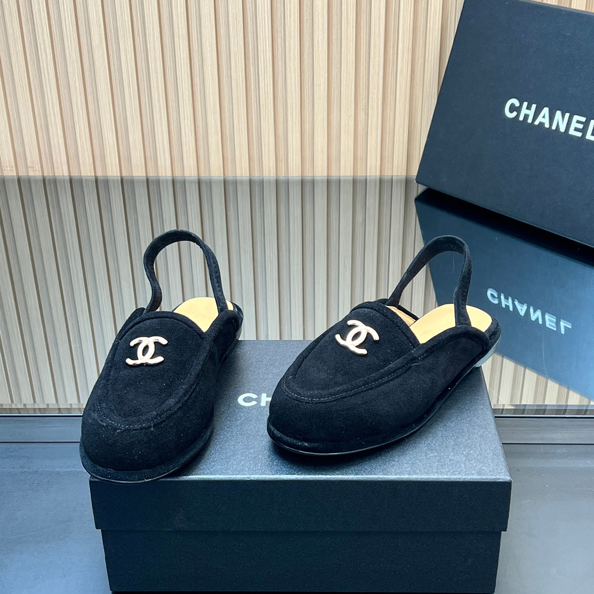 CHANEL 25S BACK STRAP MULE 15MM IN BLACK SUEDE GOLD HARDWRE