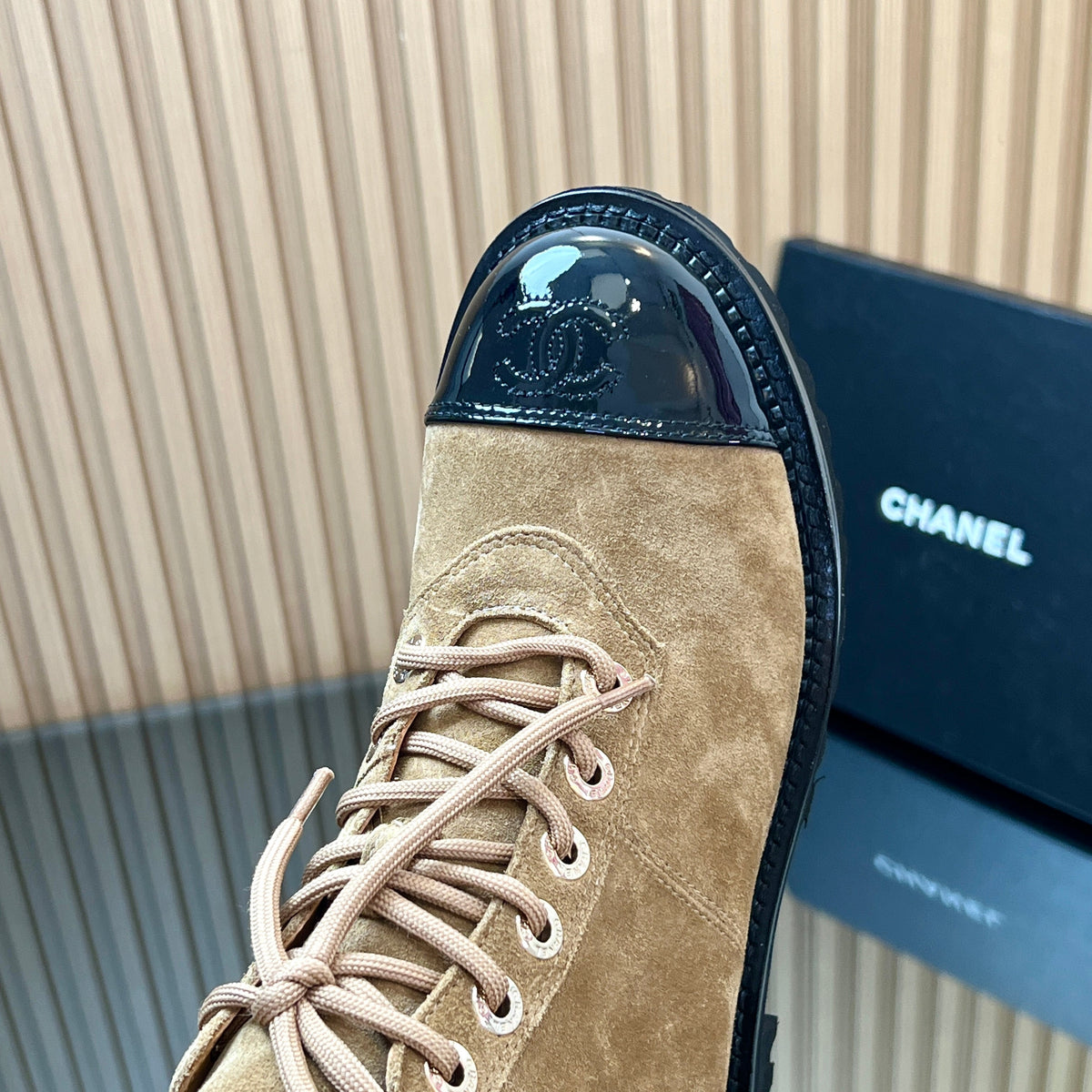 CHANEL 25S MARTIN LACE-UP BOOTS WITH CHAIN DETAIL IN LIGHT BROWN SUEDE