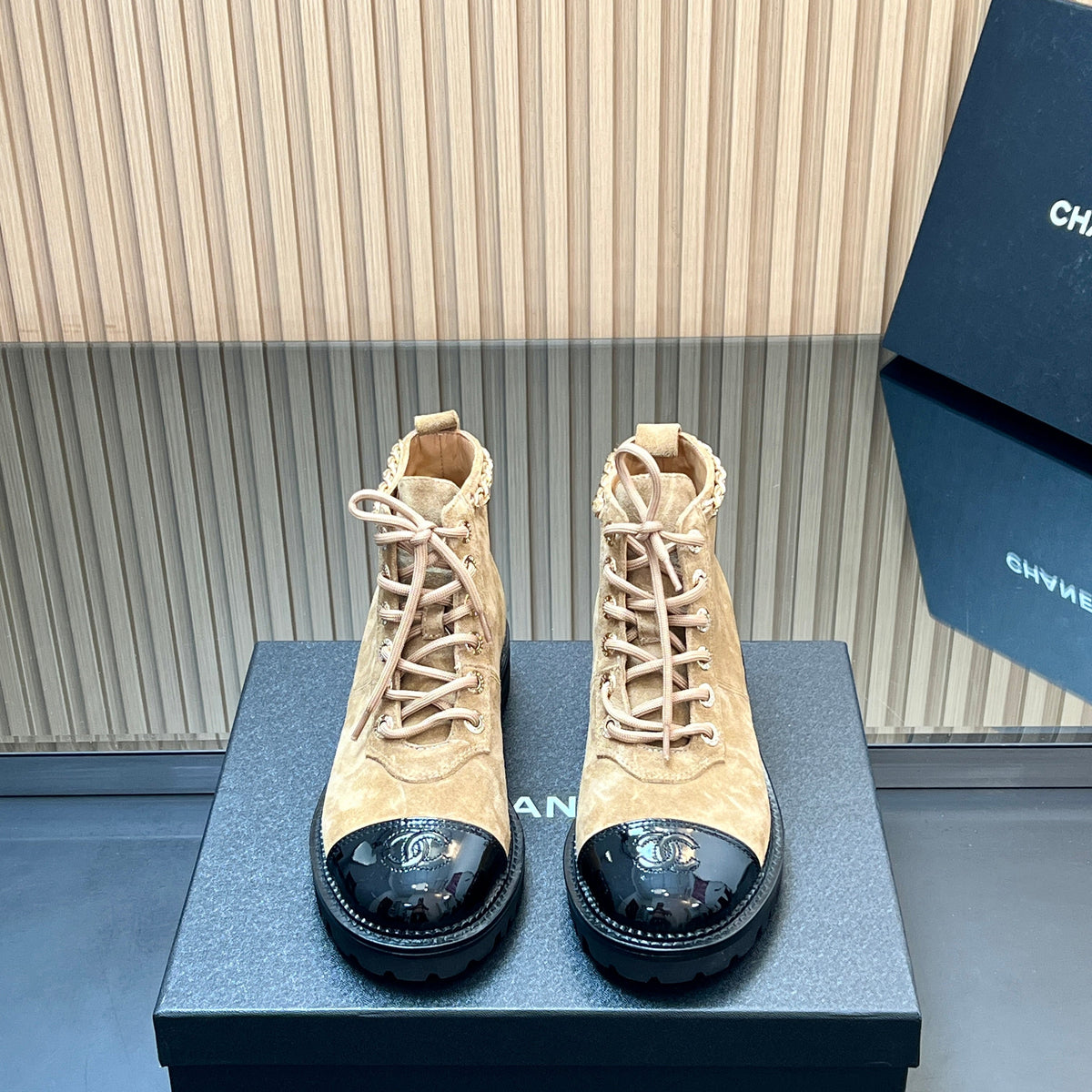 CHANEL 25S MARTIN LACE-UP BOOTS WITH CHAIN DETAIL IN LIGHT BROWN SUEDE
