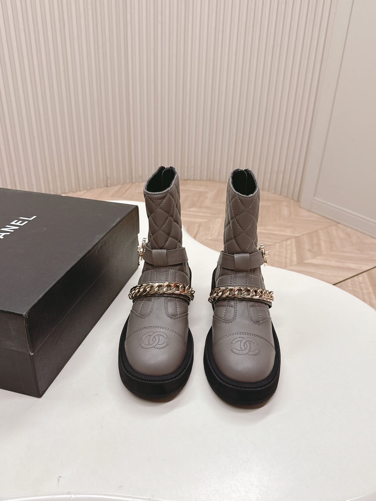CHANEL ANKLE BOOTS 25S IN SMOKY GREY LAMBSKIN EMBOSSED LOGO WITH GOLD HARDWARE