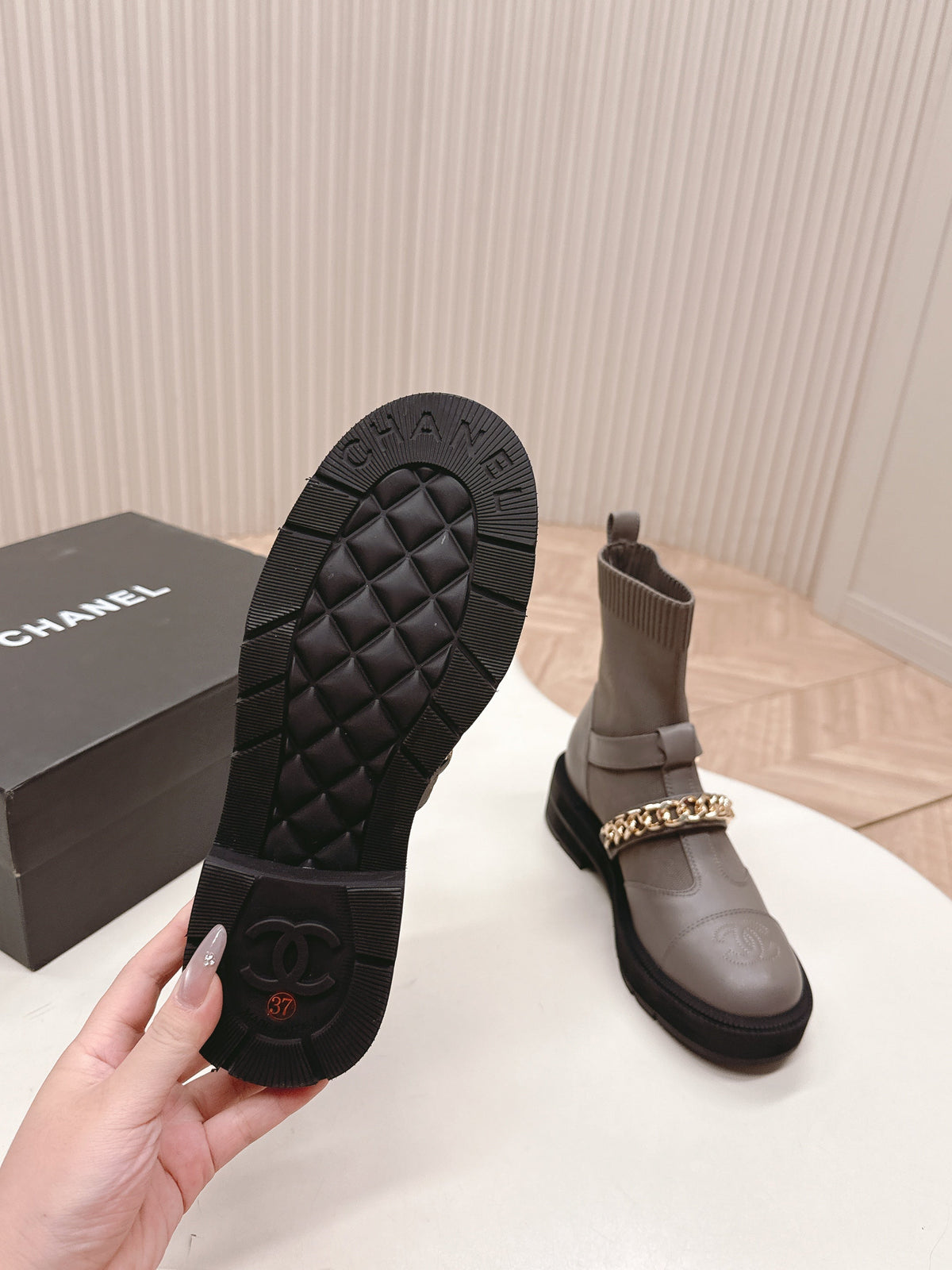 CHANEL ANKLE BOOTS 25S IN SMOKY GREY LAMBSKIN EMBOSSED LOGO WITH GOLD HARDWARE