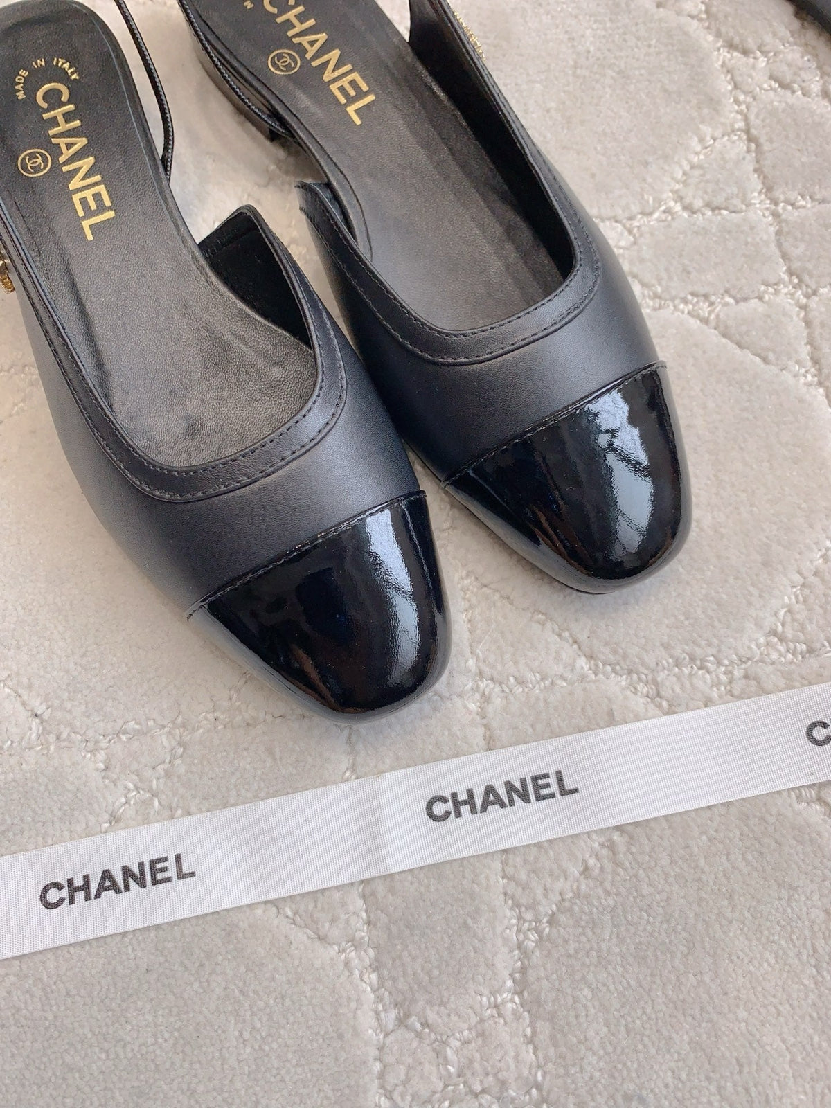 CHANEL 25S SLINGBACK IN BLACK FULL CALFSKIN GOLD HARDWARE