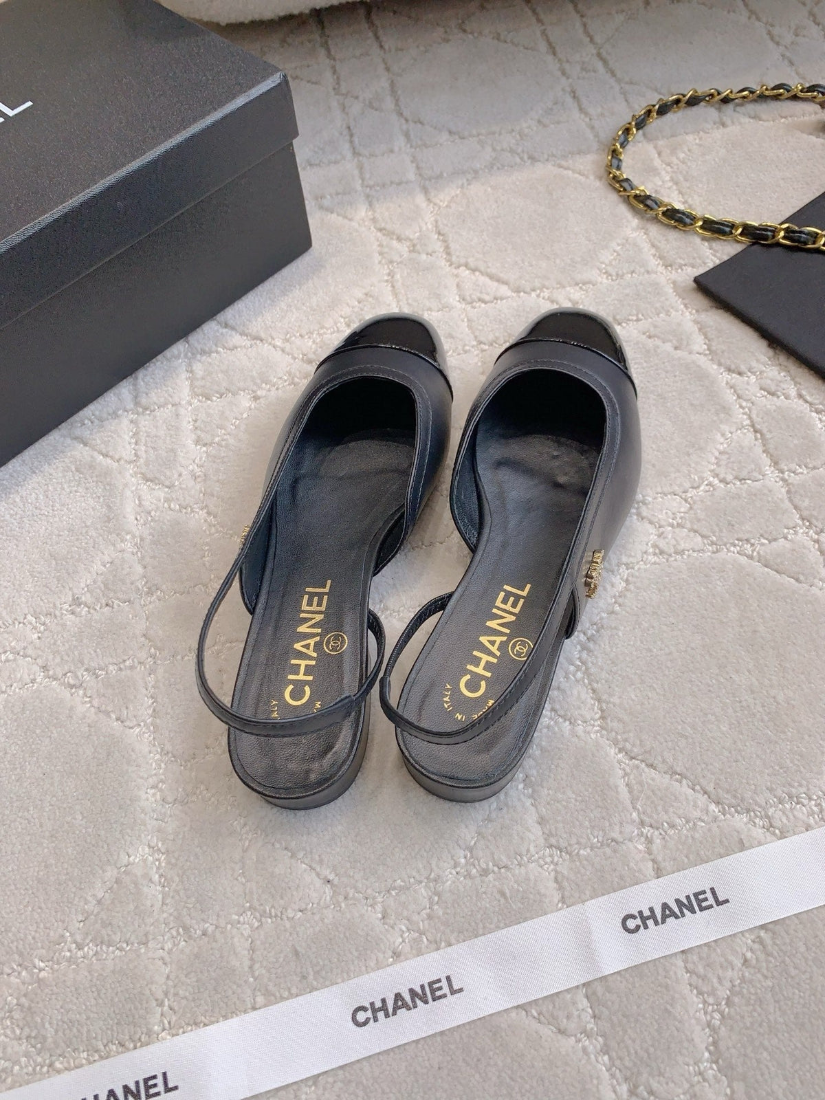 CHANEL 25S SLINGBACK IN BLACK FULL CALFSKIN GOLD HARDWARE