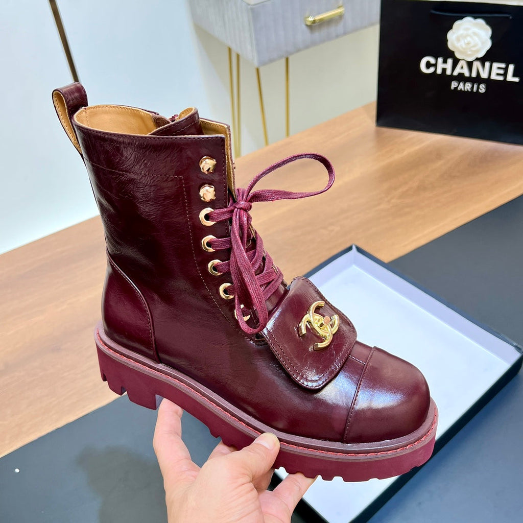CHANEL 25S HIGH ANKLE BOOTS WITH ZIPPER IN BURGUNDY BROWN CALFSKIN GOLD HARDWRE