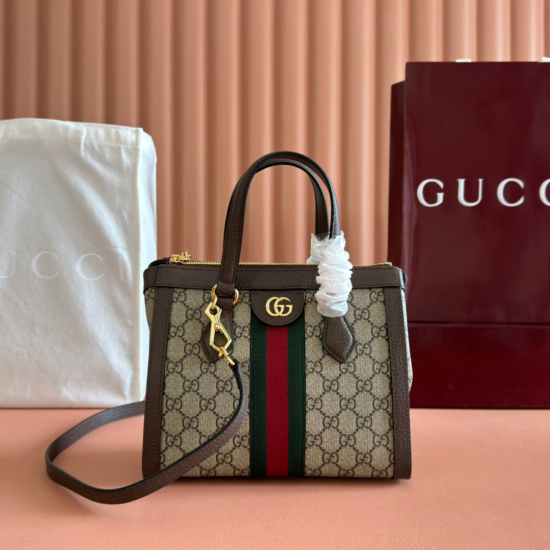 GUCCI 26S OPHIDIA HANDBAG 25 IN BROWN AND DARK BEIGE CALFSKIN