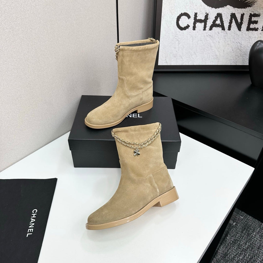 CHANEL 25S SHORT BOOTS IN LIGHT GOLD SUEDE SILVER HARDWRE